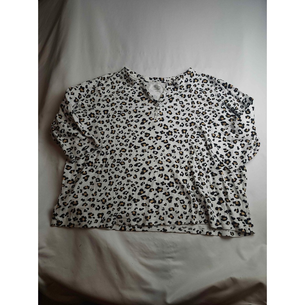 Kim Rogers Perfectly Soft Leopard Print Cotton Top White 1X 3/4 Sleeve Womens